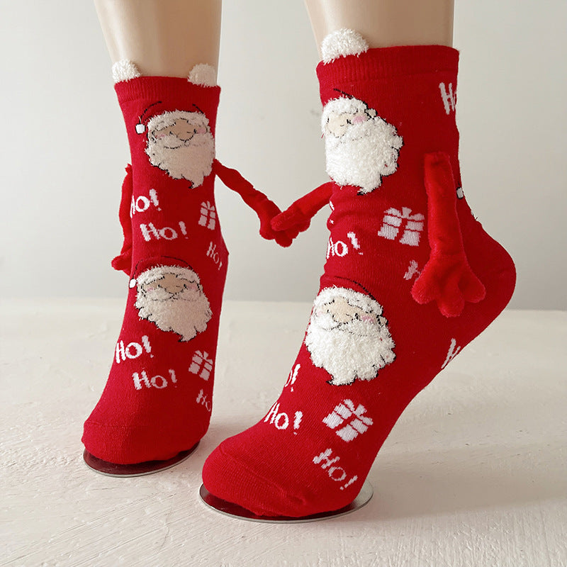 Christmas Magnetic Santa Claus Snowman Hand-holding Socks For Couple