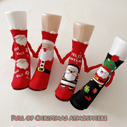 Christmas Magnetic Santa Claus Snowman Hand-holding Socks For Couple