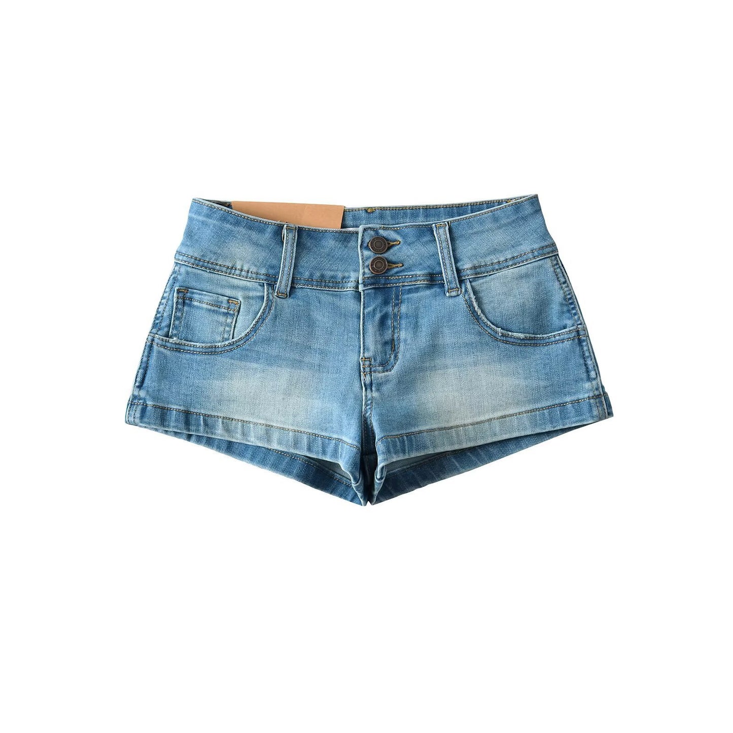 Two-button Distressed Tight Stretch Denim Shorts