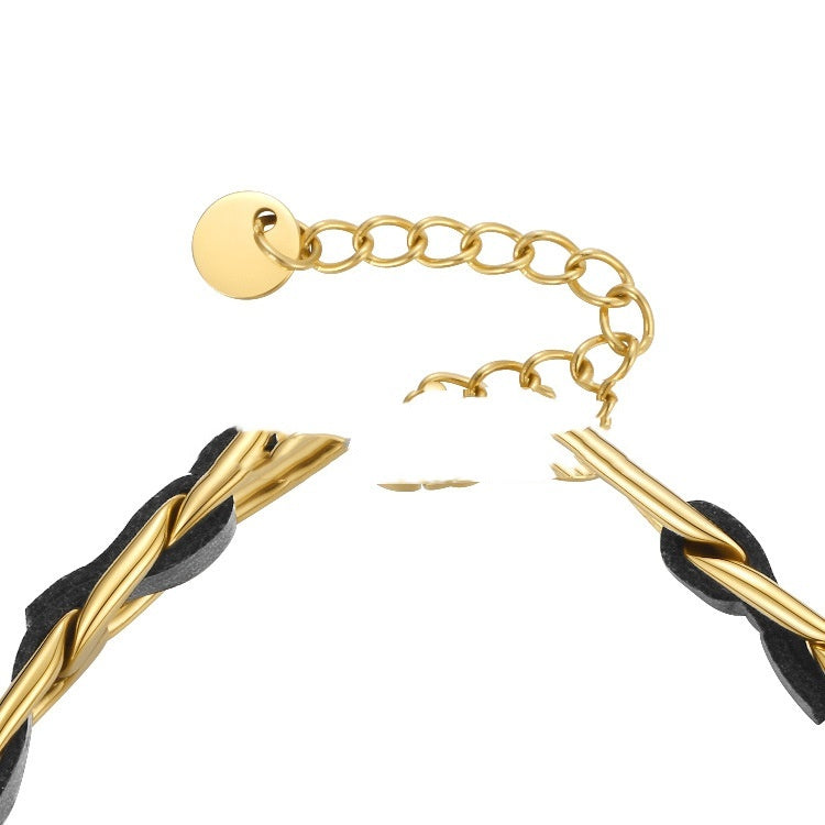 18K Gold Titanium Steel Plated European And American Fashion Metal Chain Leather Rope