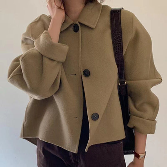 Retro Lapels Leisure Loose Puff Sleeves Woolen Short Coat