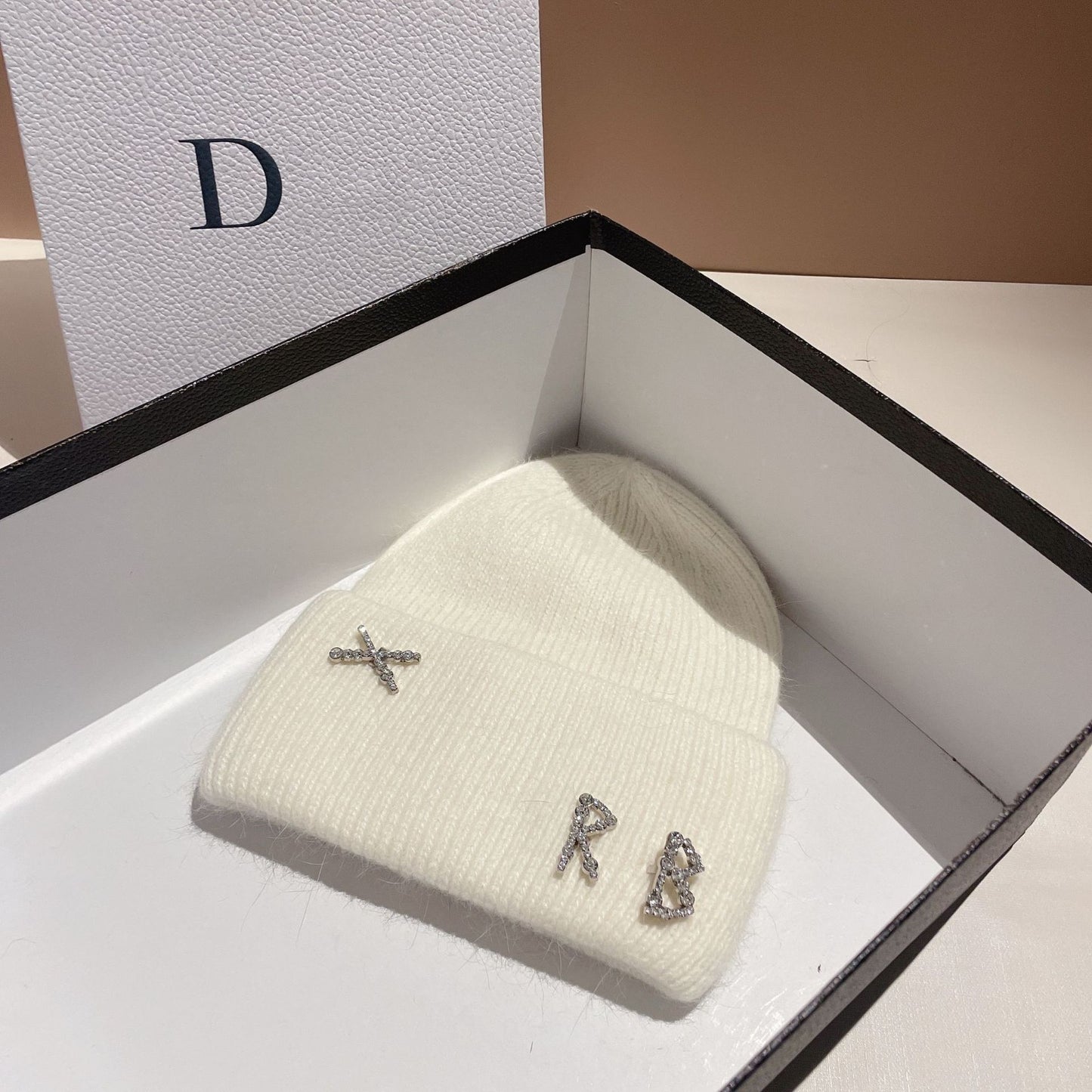 Winter RB Letter Fashion Rabbit Fur Knitted Warm Beanie Hat