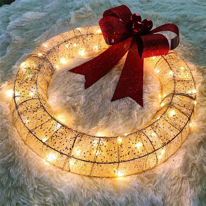 Christmas Garland 50CM Luminous LED Warm Light With Big Bowknot Christmas Front Door Hanging Decor