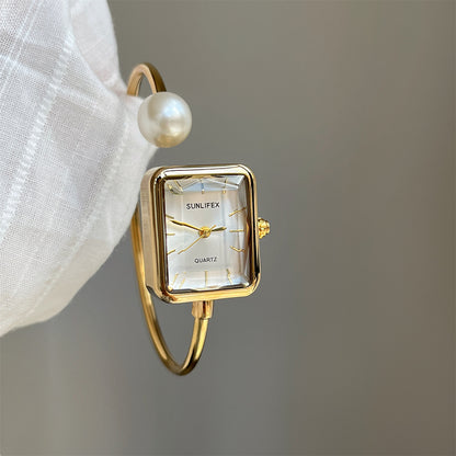 Gold Square Pearl Women's Exquisite Bracelet Watch