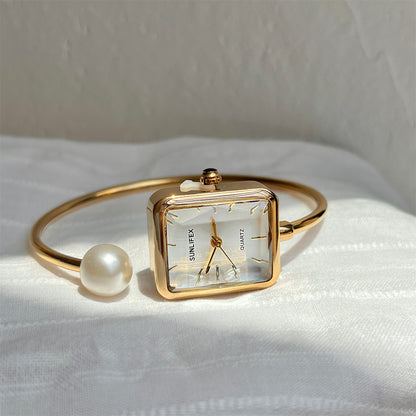 Gold Square Pearl Women's Exquisite Bracelet Watch