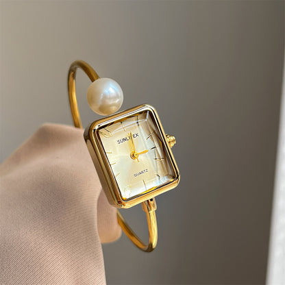 Gold Square Pearl Women's Exquisite Bracelet Watch