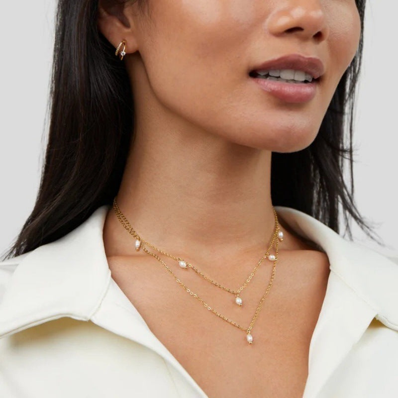 Women's 18K Gold-plated Natural Pearl Double-layer Twin Necklace