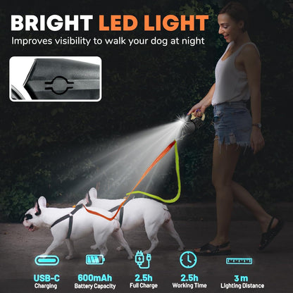 Double-ended One For Two Automatic Retractable Leash with Flash Light