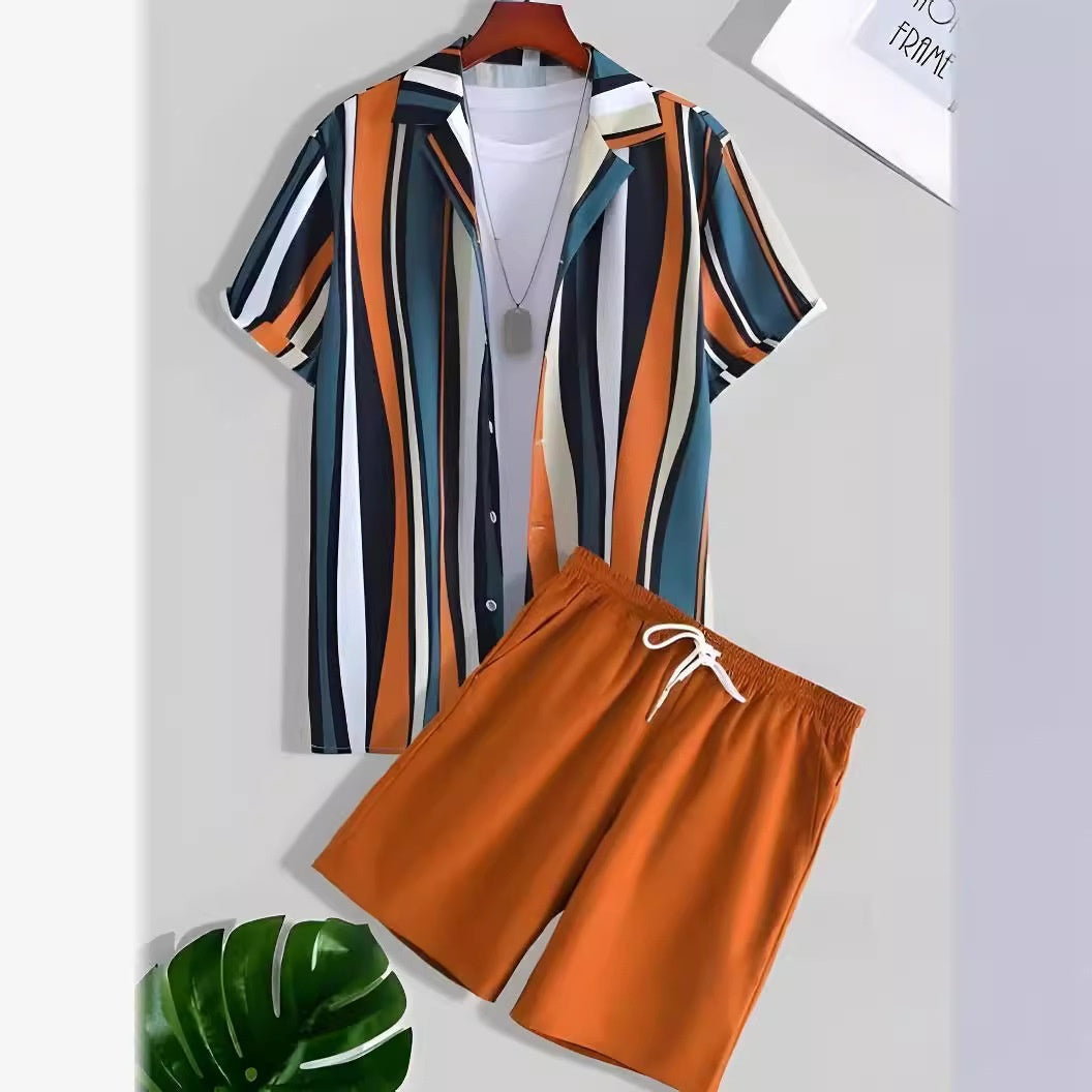 Black And White Striped Hawaiian Men's Shirt & Short Set