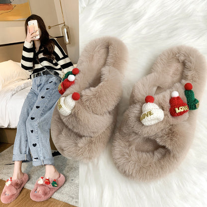 Christmas Hat Fluffy Women's Warm Toe Covering Cotton Slippers