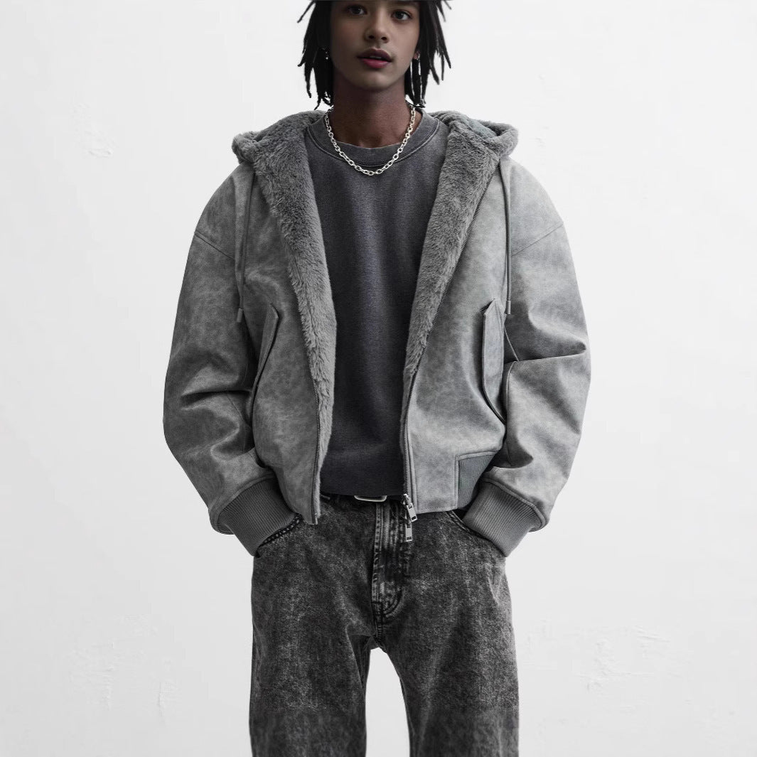 Reverseable Faux Leather Hooded Bomber Jacket