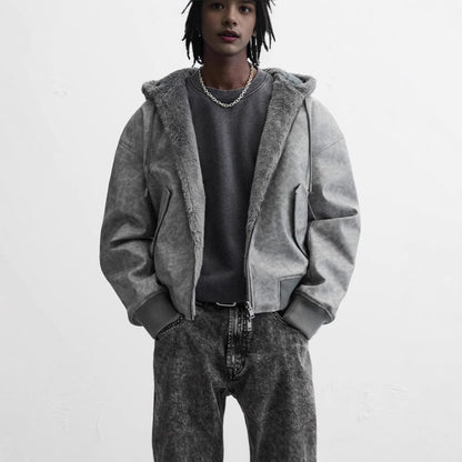 Reverseable Faux Leather Hooded Bomber Jacket