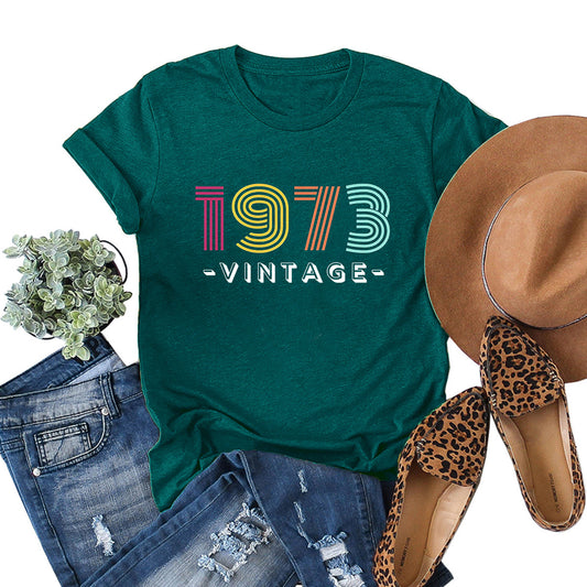 ゆったりカジュアル レタープリント 1973 ヴィンテージ ラウンドネック 半袖 Tシャツ