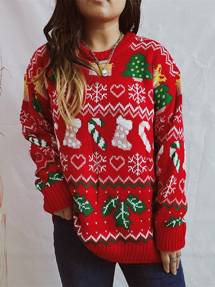 Women's Christmas Style Loose Round Neck Long-sleeved Sweater