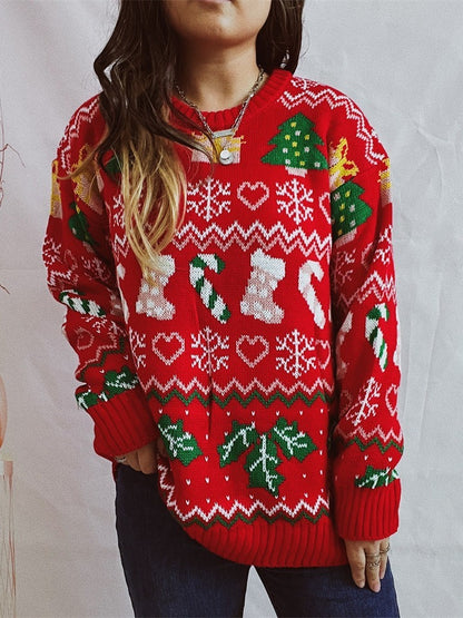 Women's Christmas Style Loose Round Neck Long-sleeved Sweater
