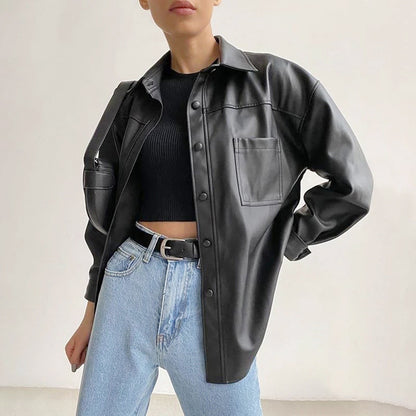 Women's Leather Jacket Lapel Coat