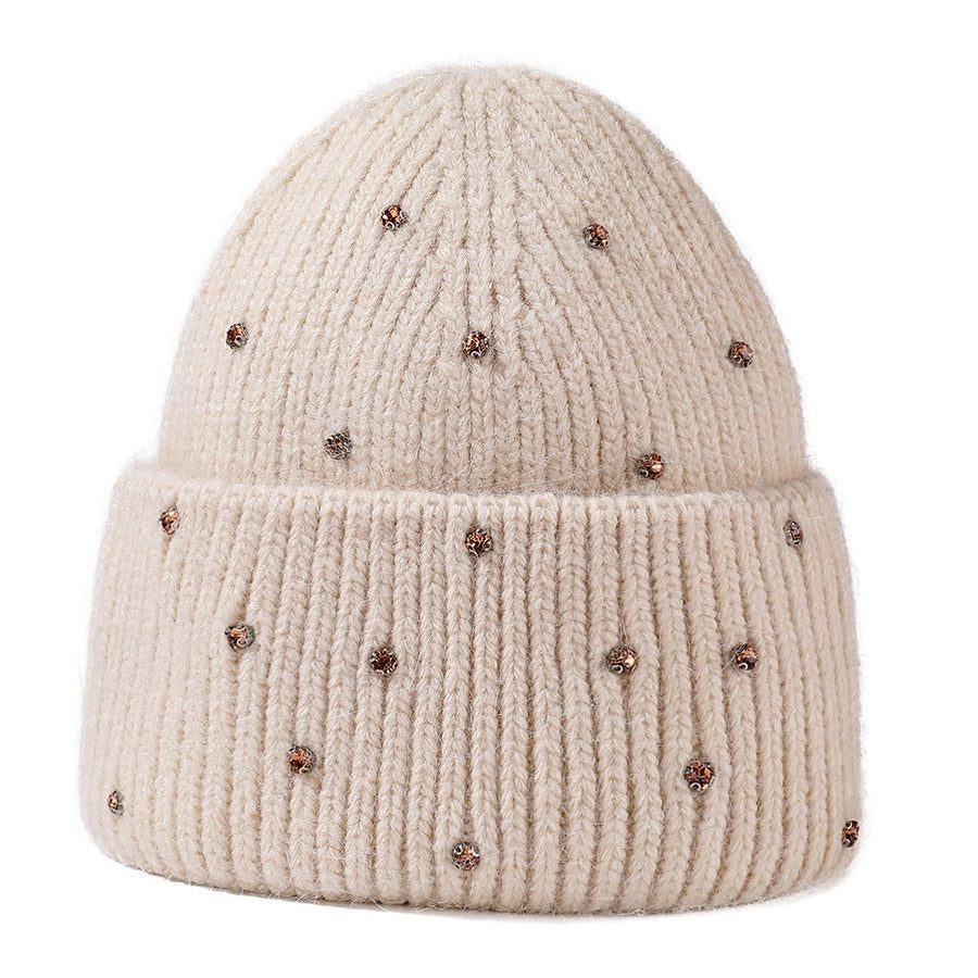Exquisite Rhinestone Angola Rabbit Fur Thickened Elastic Knitted Beanie Hat