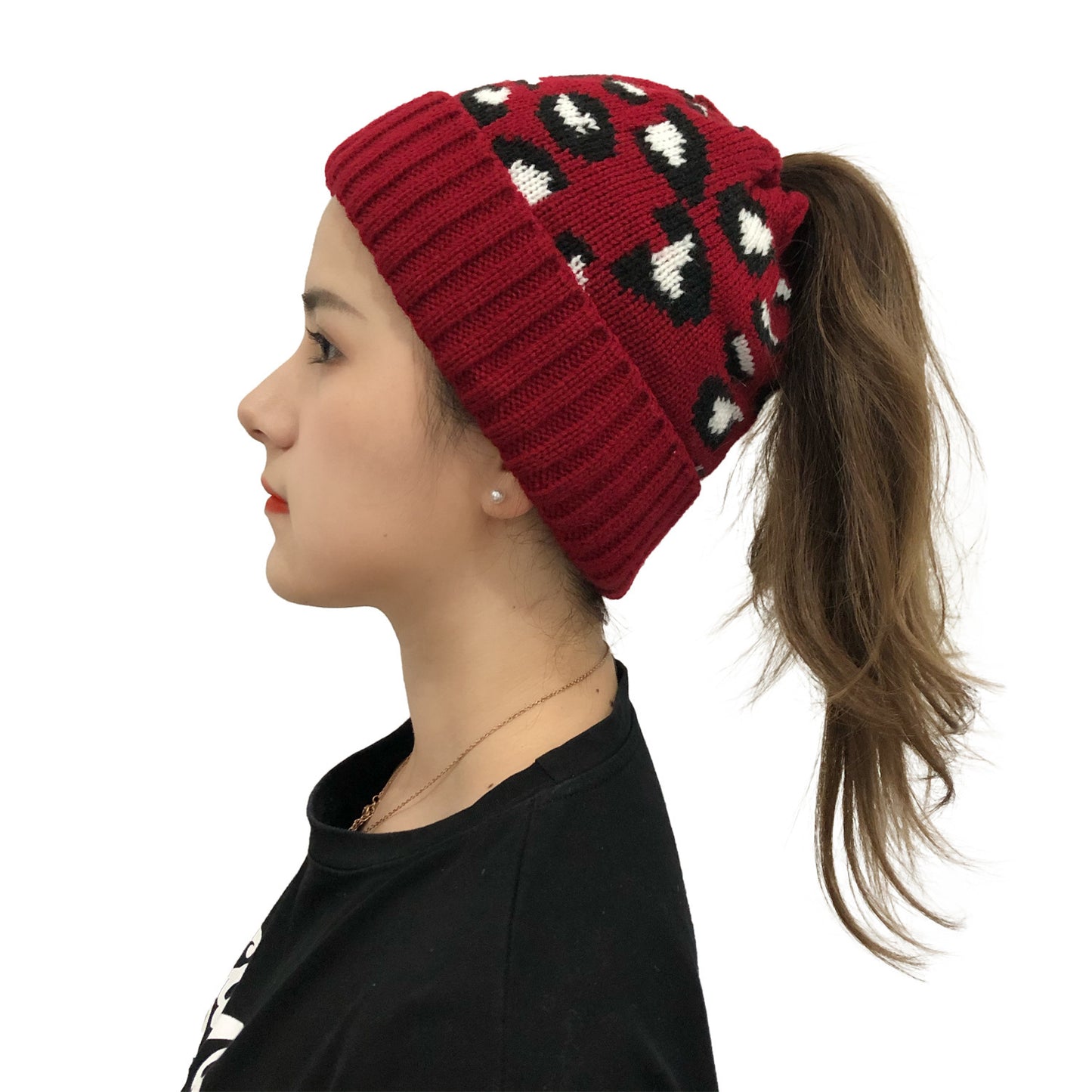 Leopard Print Bun Opening Knitted Beanie Hat