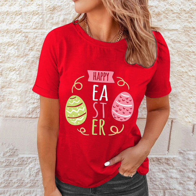 Women Easter Printed Casual Blouses Short Sleeve Shirt