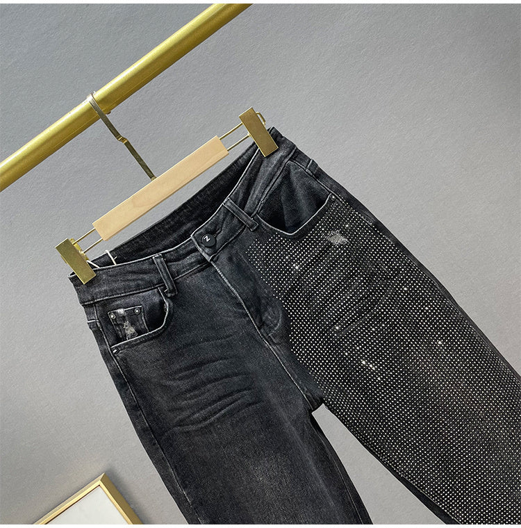 Women's Cotton Elastic High Waist Slimming Hot Rhinestones Jeans