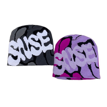 American Contrast Color Letter Jacquard Knitted Beanie Hat