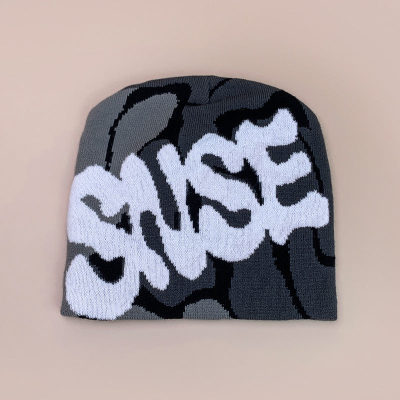 American Contrast Color Letter Jacquard Knitted Beanie Hat