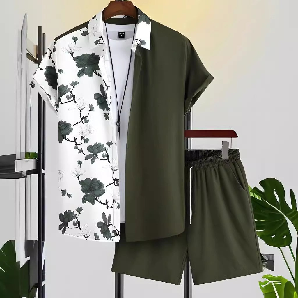 Black And White Striped Hawaiian Men's Shirt & Short Set