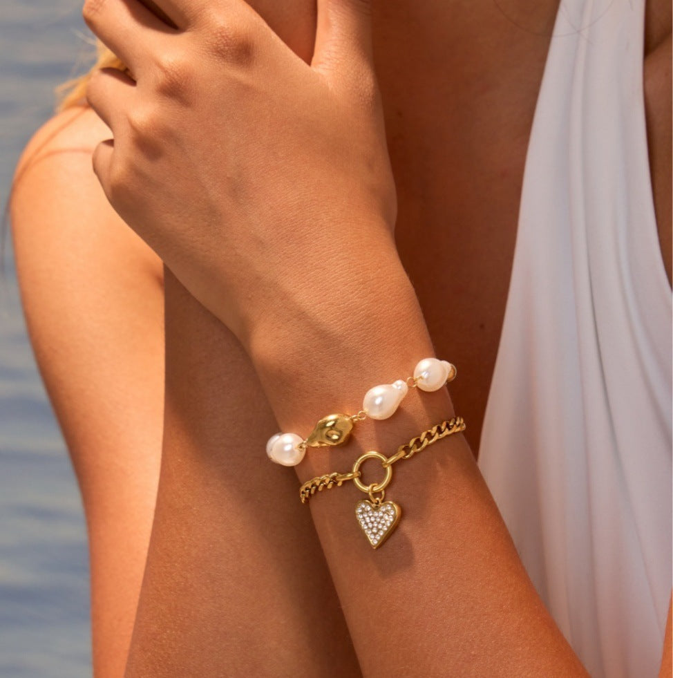 Fashion Heart Shape With Diamond Baroque Pearl Bracelet