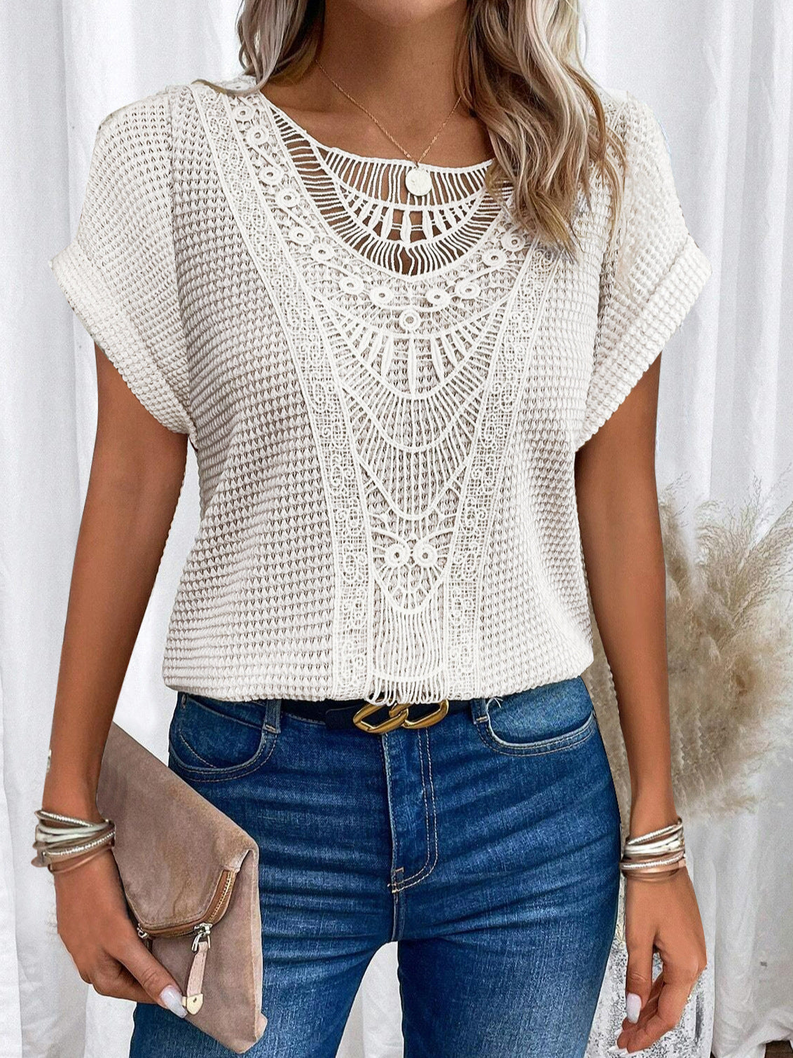 Hollow Out Short-sleeved T-shirt Fashion Ethnic Style Tops Women's Clothing