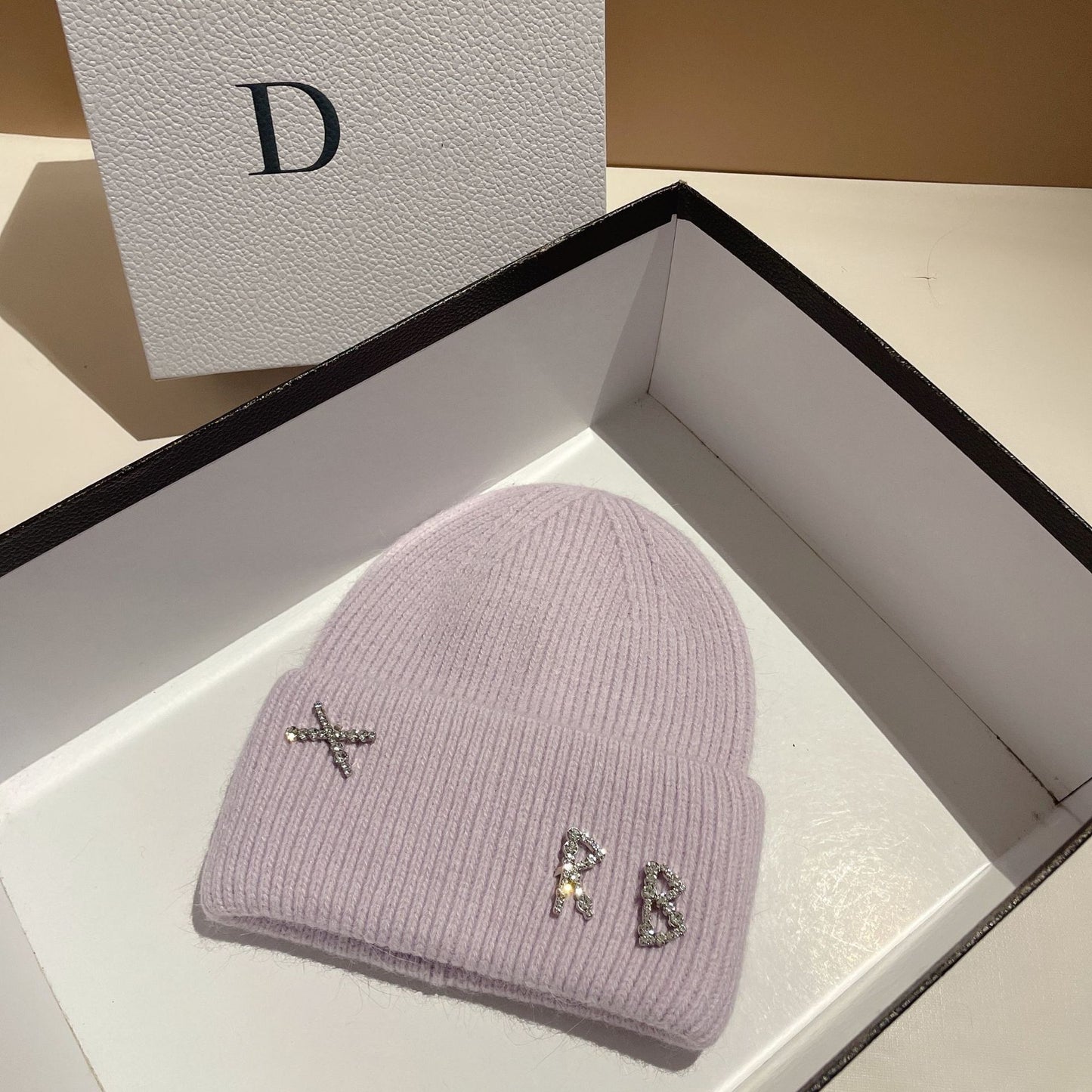 Winter RB Letter Fashion Rabbit Fur Knitted Warm Beanie Hat