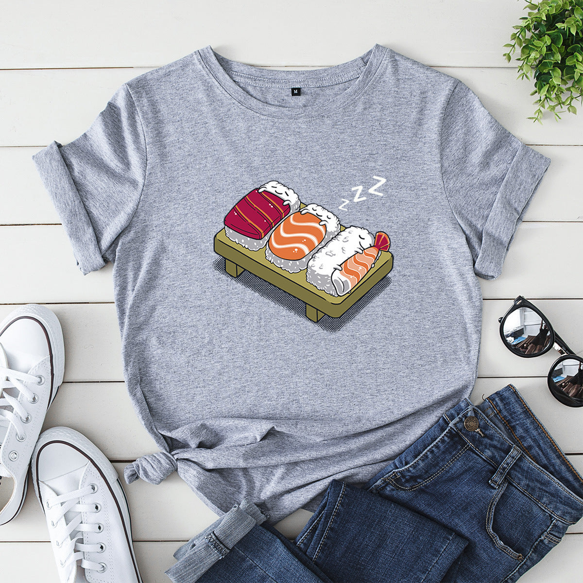 Women's Loose Round Neck Evil Sushi Short Sleeve T-shirt