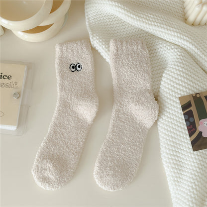 Women's Solid Color Embroidered Sleep Thickening Warm Terry Socks