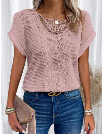 Hollow Out Short-sleeved T-shirt Fashion Ethnic Style Tops Women's Clothing
