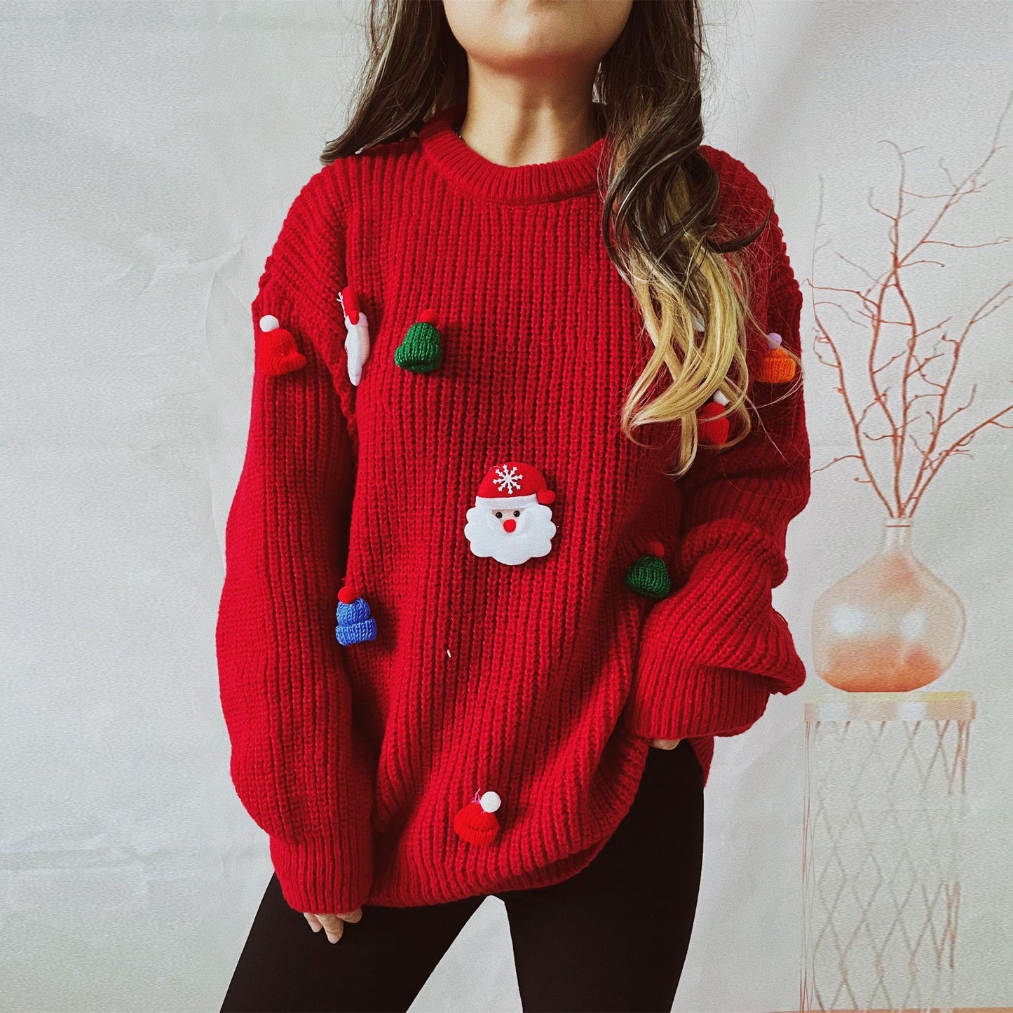 Women's Santa Claus Three-dimensional Decoration Round Neck Long Sleeve Sweater