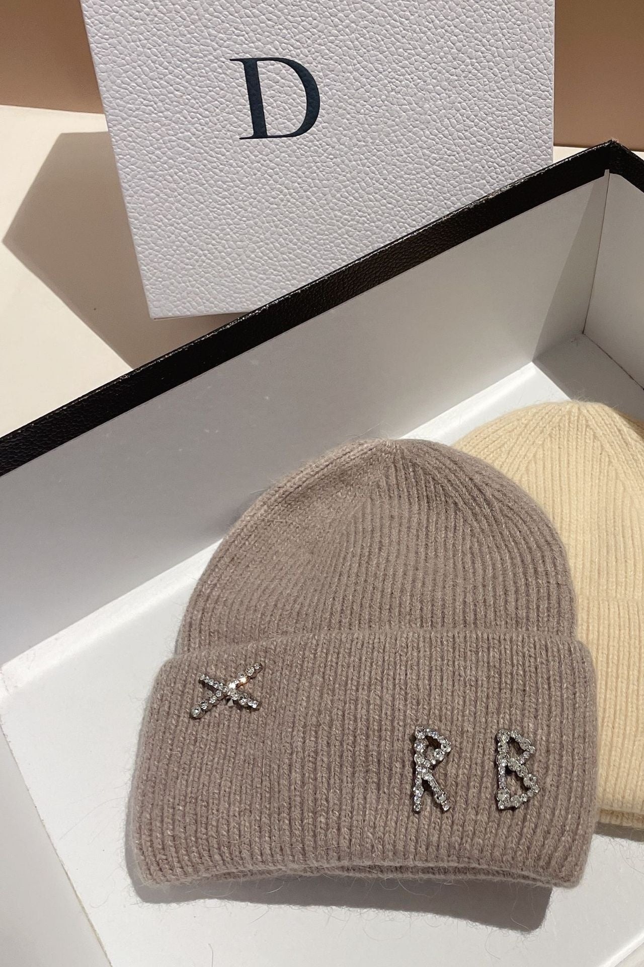 Winter RB Letter Fashion Rabbit Fur Knitted Warm Beanie Hat