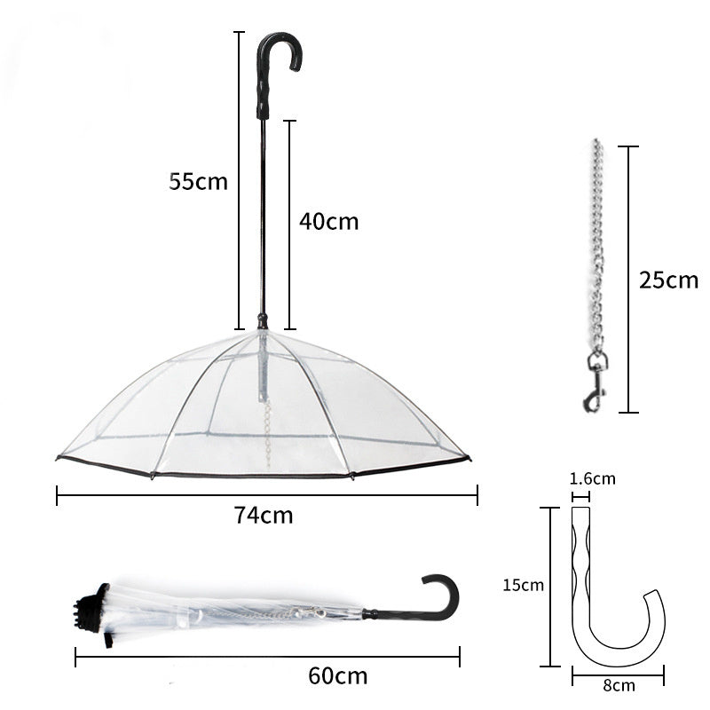 Dog's Transparent Umbrella With Traction Chain Removable