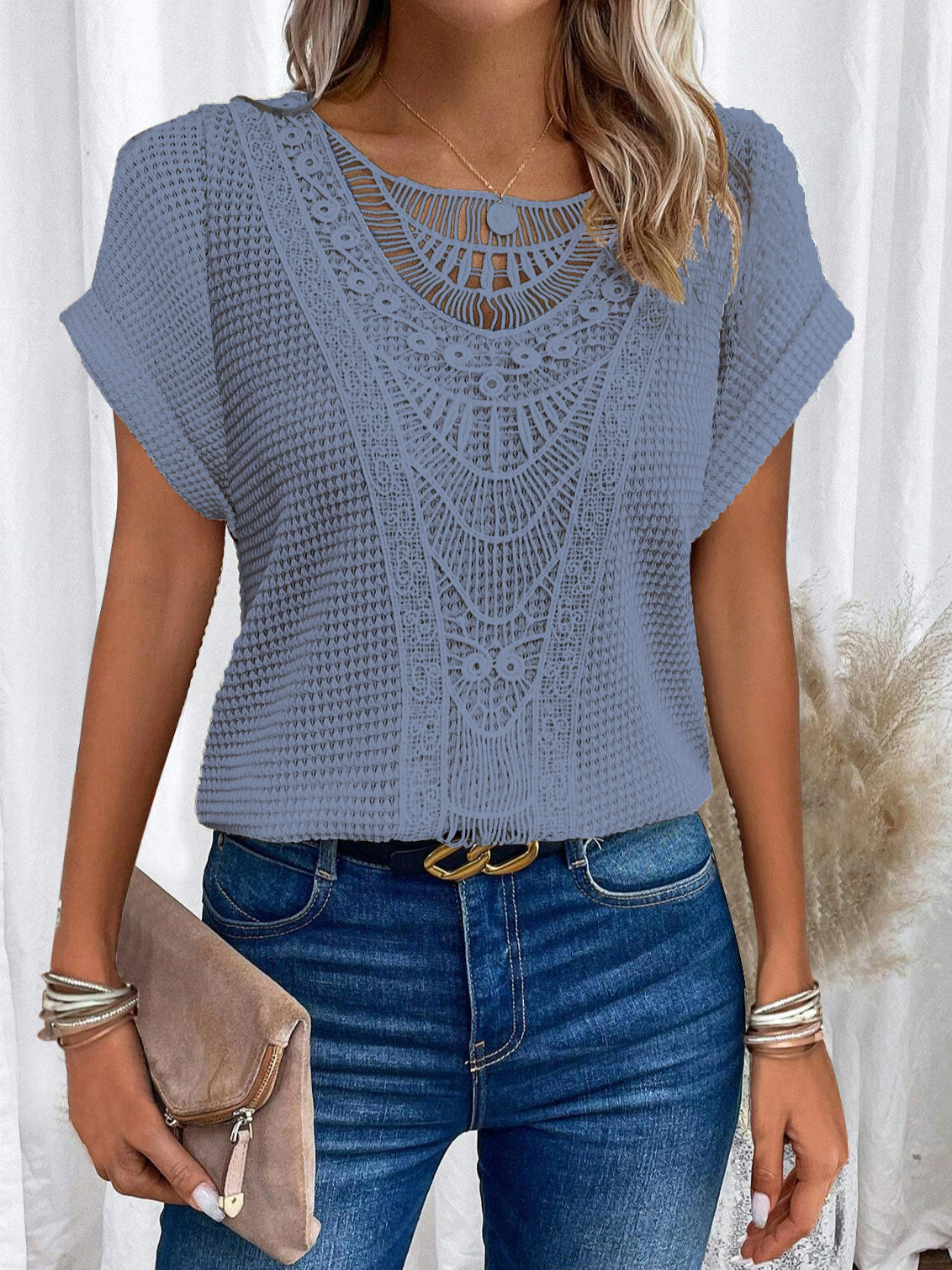 Hollow Out Short-sleeved T-shirt Fashion Ethnic Style Tops Women's Clothing