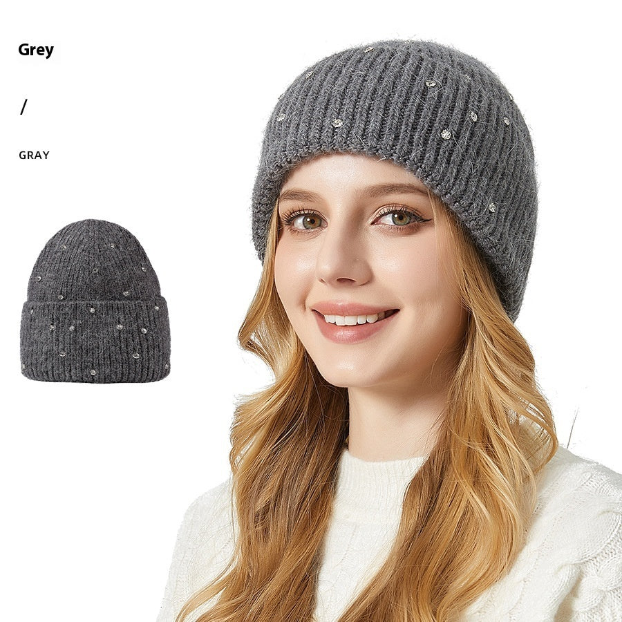 Exquisite Rhinestone Angola Rabbit Fur Thickened Elastic Knitted Beanie Hat