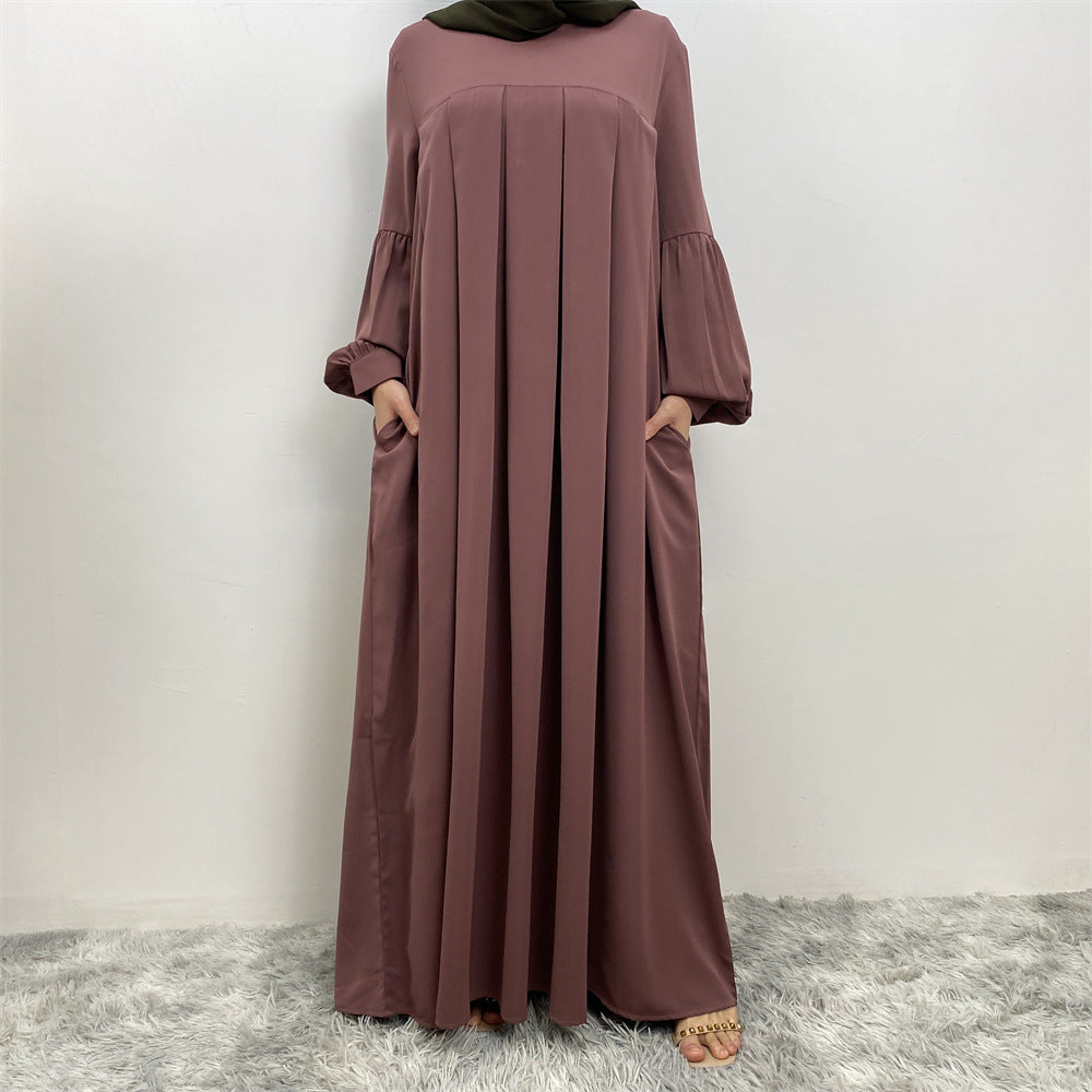 Muslim Solid Color Pleated Round Neck Abaya