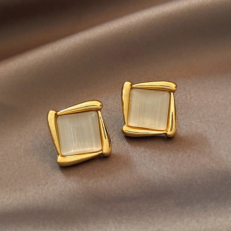 Cat's Eye Flower High Sense Opal Square Triangle Geometry Earrings