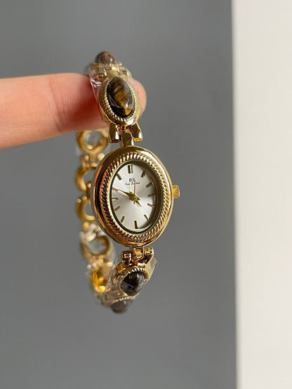 Women's Small Jade Oval Diamond Quartz Bracelet Watch