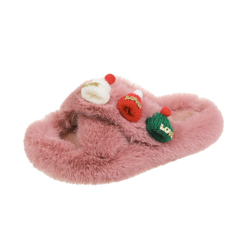 Christmas Hat Fluffy Women's Warm Toe Covering Cotton Slippers