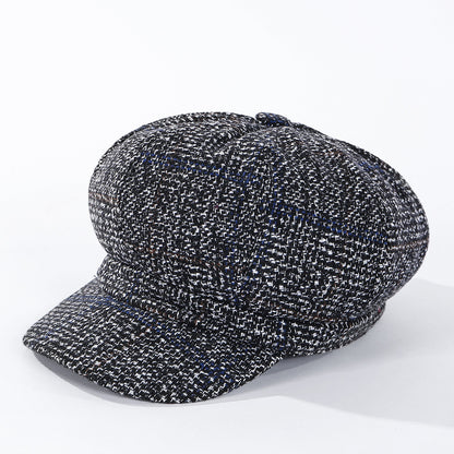 Thickened Plaid Woolen Octagonal Cap for Women