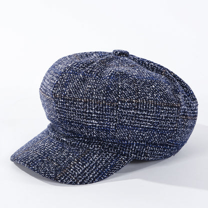 Thickened Plaid Woolen Octagonal Cap for Women