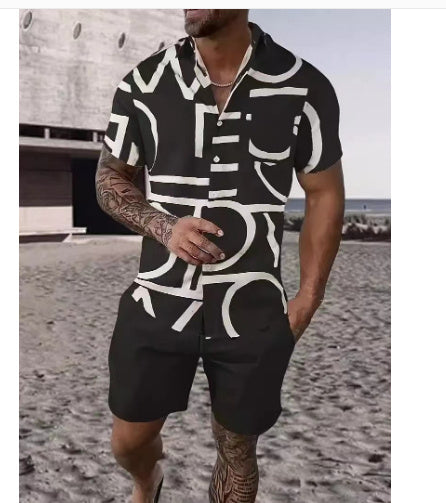 Black And White Striped Hawaiian Men's Shirt & Short Set