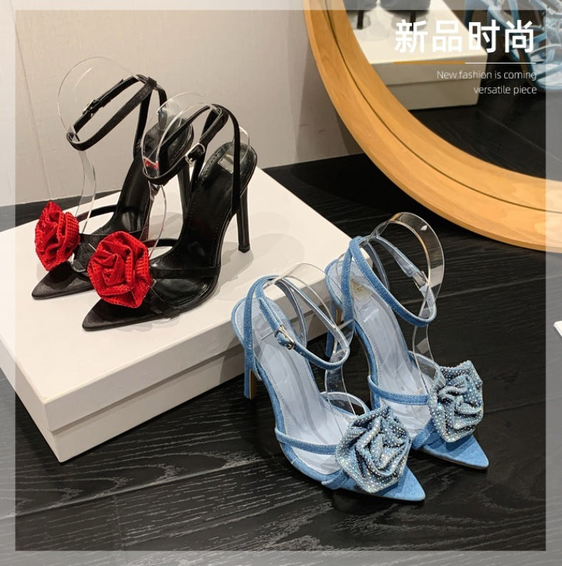 Pointed Toe Rhinestone Flower Strap Stiletto Heels