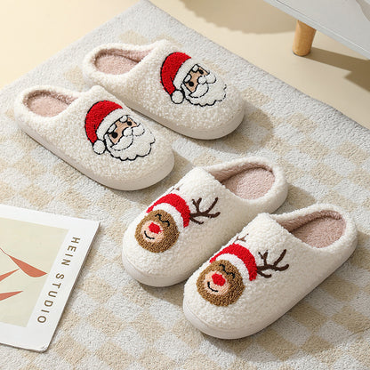 Christmas Santa Claus Cotton Slippers For Women And Men Winter Warm Furry
