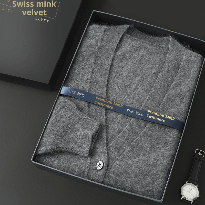 Mink Wool Men V-neck Thickened Sweater Loose Cardigan
