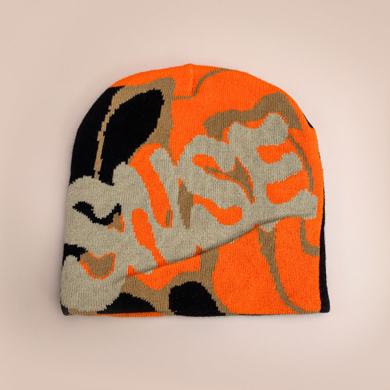 American Contrast Color Letter Jacquard Knitted Beanie Hat