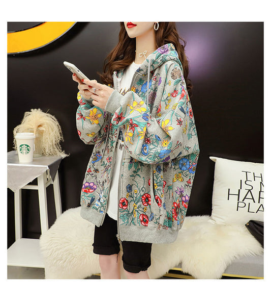 Women Plus Velvet Thick Hooded with Casual Loose Floral Print